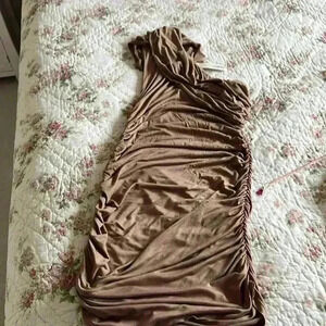 Ruched taupe BouBou mini dress